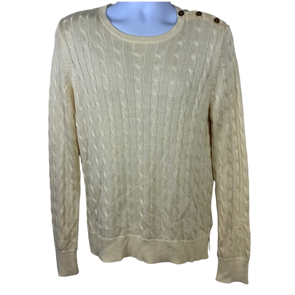 Lauren Ralph Lauren Cream Cable Knit Shoulder Button Sweater Womens XL Crewneck